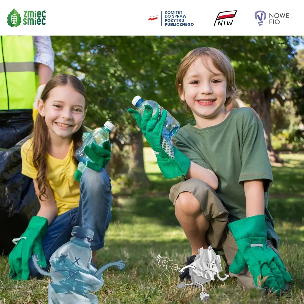 konkurs ekologiczny Zmieć Śmieć - plakat przedstawiających dwoje dzieci ze śmieciami